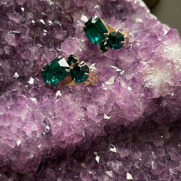 ♥️ Emerald green rhinestone necklace, earrings parure set 1950s PRICE FI… - Picture 4 of 15